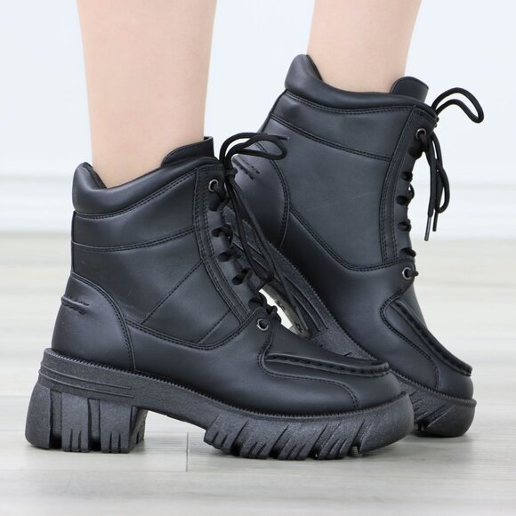Shoes - Womens Black Combat Boots Lace Up Chunky Bootie Synthetic Leather